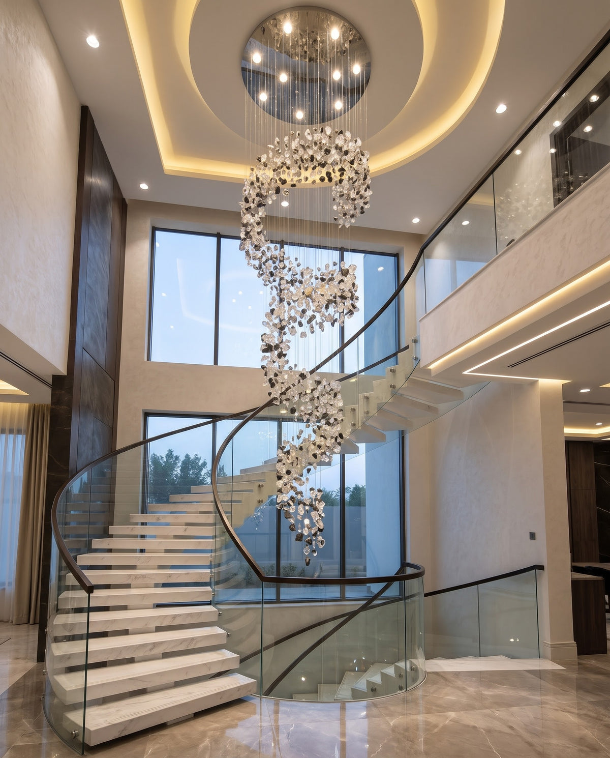 Custom Spiral Crystal Chandelier – 3M Modern Mixed Black & Clear Drop Light for Staircases & Double-Height Foyers