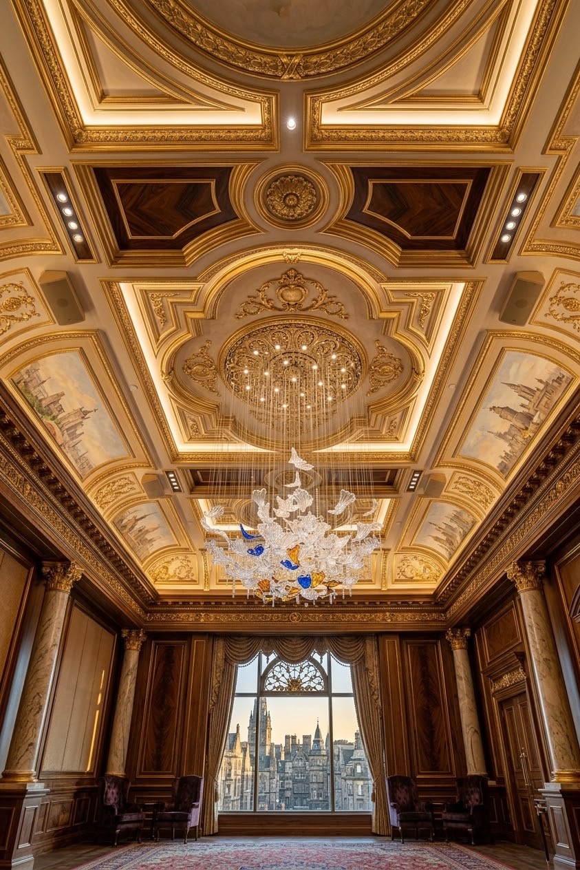 Custom Falling Leaf Glass Chandelier | Blue, Amber & Clear Drooping Leaves (120cm)