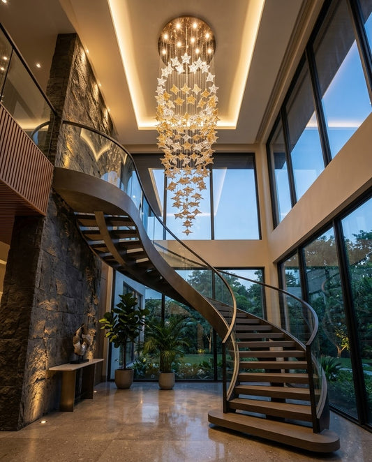 5M Custom Maple Leaf Staircase Chandelier - Amber & Clear Glass