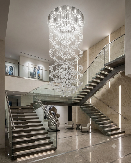 Modern White Stone Ring Chandelier – 3M Tall Flush Mount Light for Double-Height Ceilings (80cm Base)