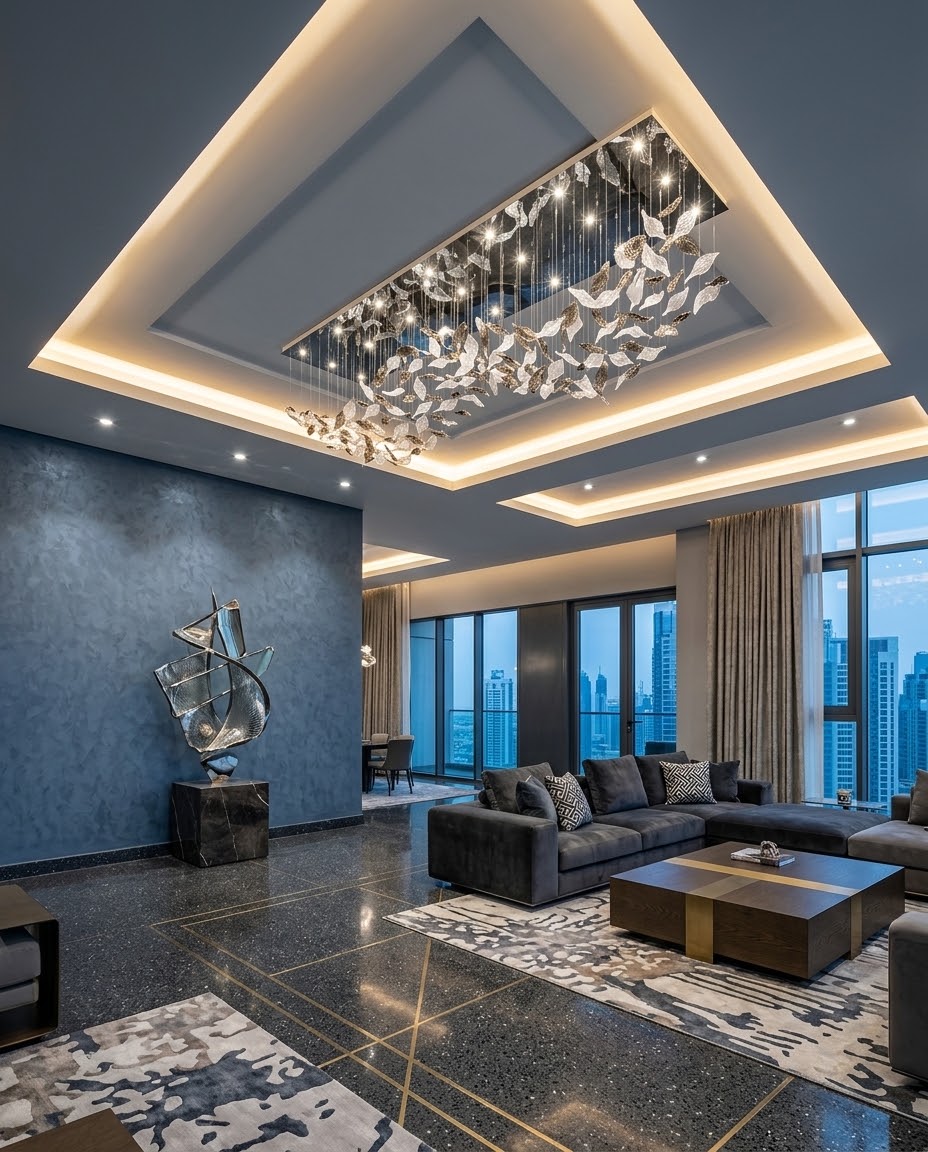 Luxury Custom Wavy Leaf Chandelier | Contemporary Frosted White & Charcoal Gray Glass Light