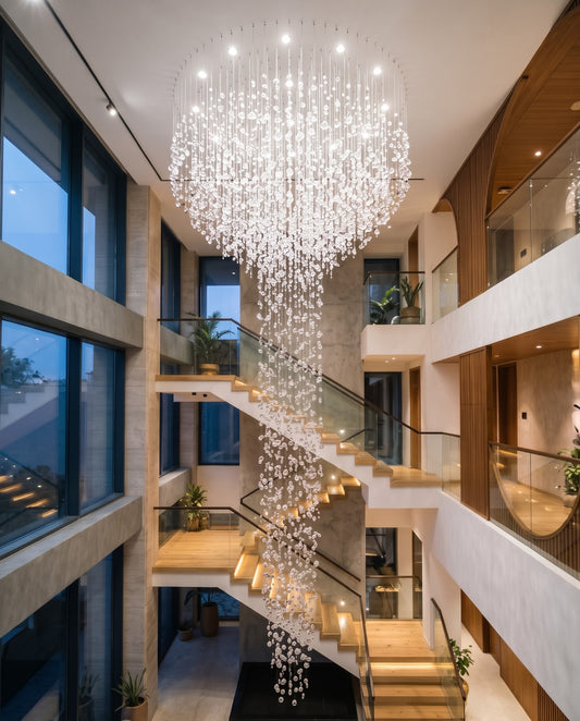 Cascading Funnel Crystal & Stone Chandelier β 5M Custom Statement Pendant for Staircases & Double-Height Voids