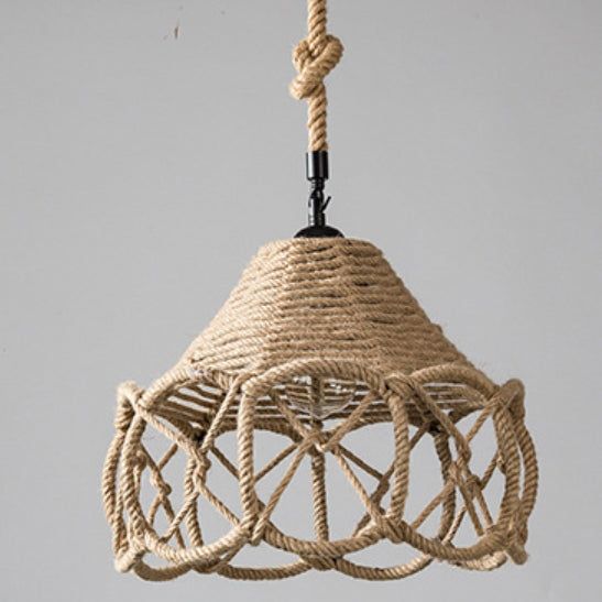 Boho Woven Rope Pendant Light – Handcrafted Beige Hemp Ceiling Lamp (E26, 35cm, Adjustable Height)