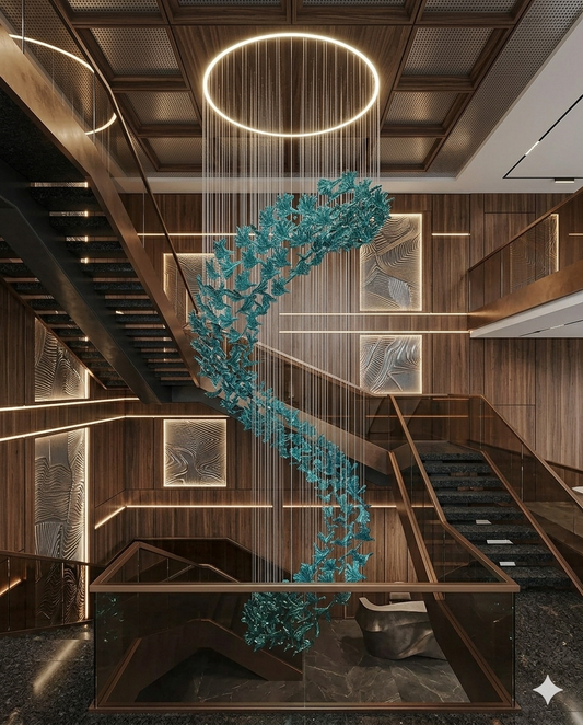 Custom 5M Teal Blue Hand-Blown Glass Leaf Spiral Chandelier with 1M Circular Ceiling Mount