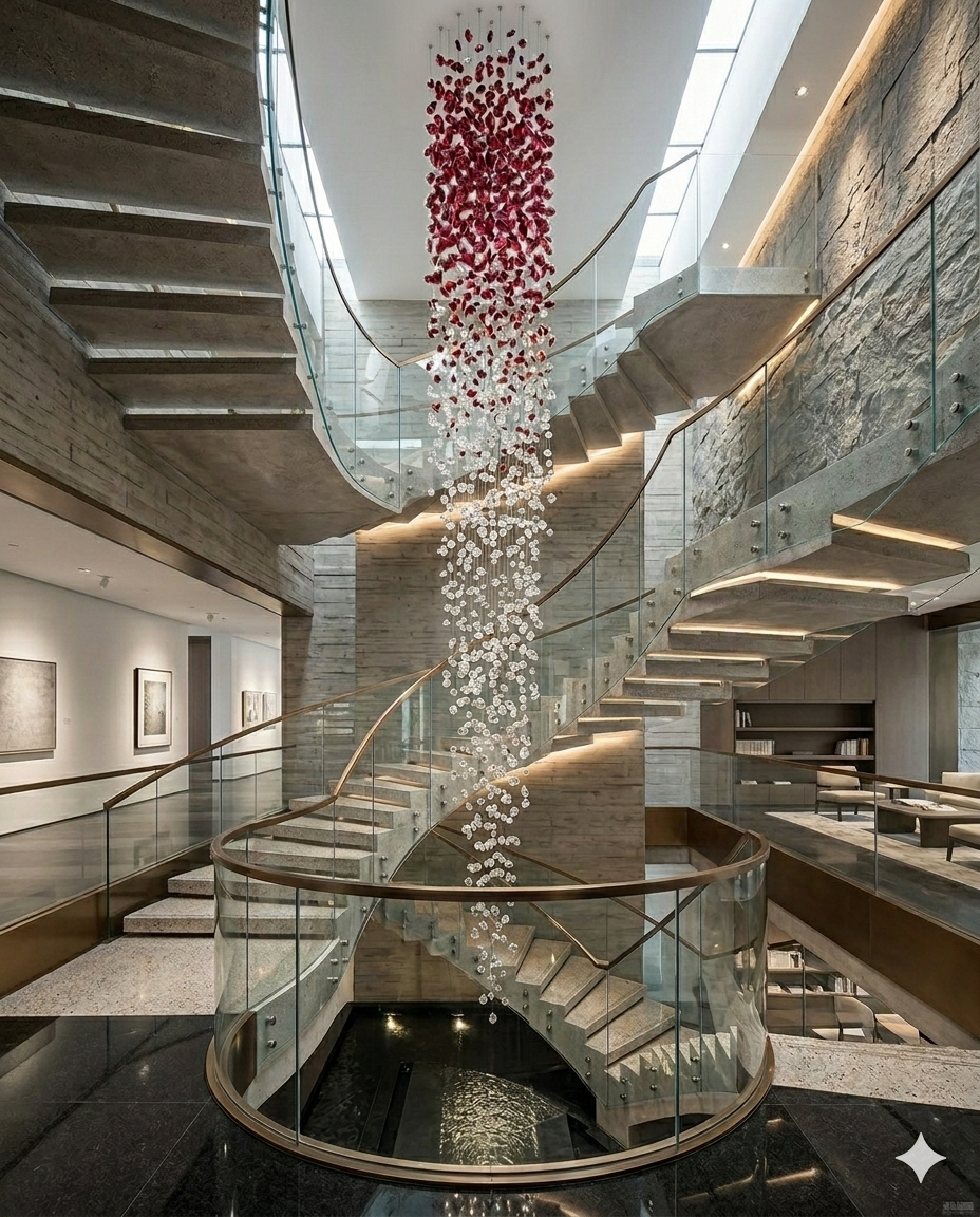 The Crimson Cascade β 5M Double-Height Ruby & Clear Crystal Statement Chandelier (80cm Width)