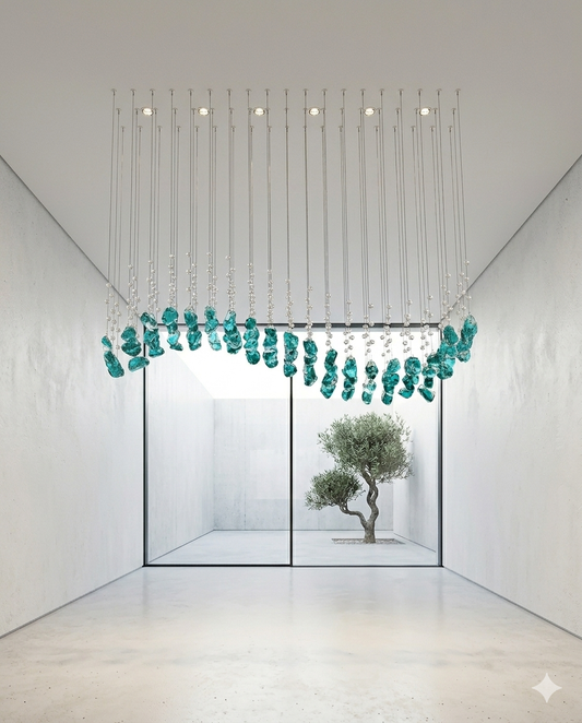 "Aqua-Wave" Custom LED Suspension Chandelier – Linear Teal Nugget and Crystal Strand Design (1.2m L x 30cm W)