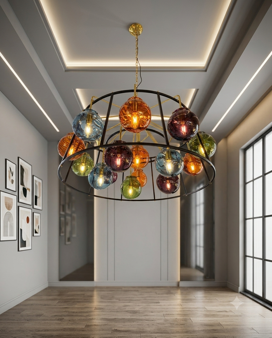 Modern Multicolor Glass Globe Chandelier – Pendant Light with E27 Blown Glass Balls (7-Light & 16-Light Options)