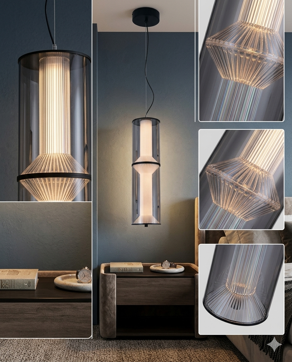 80cm Modern Smoke Grey LED Pendant Light – Minimalist Bedside Hanging Cylindrical Chandelier with 80cm Adjustable Cord