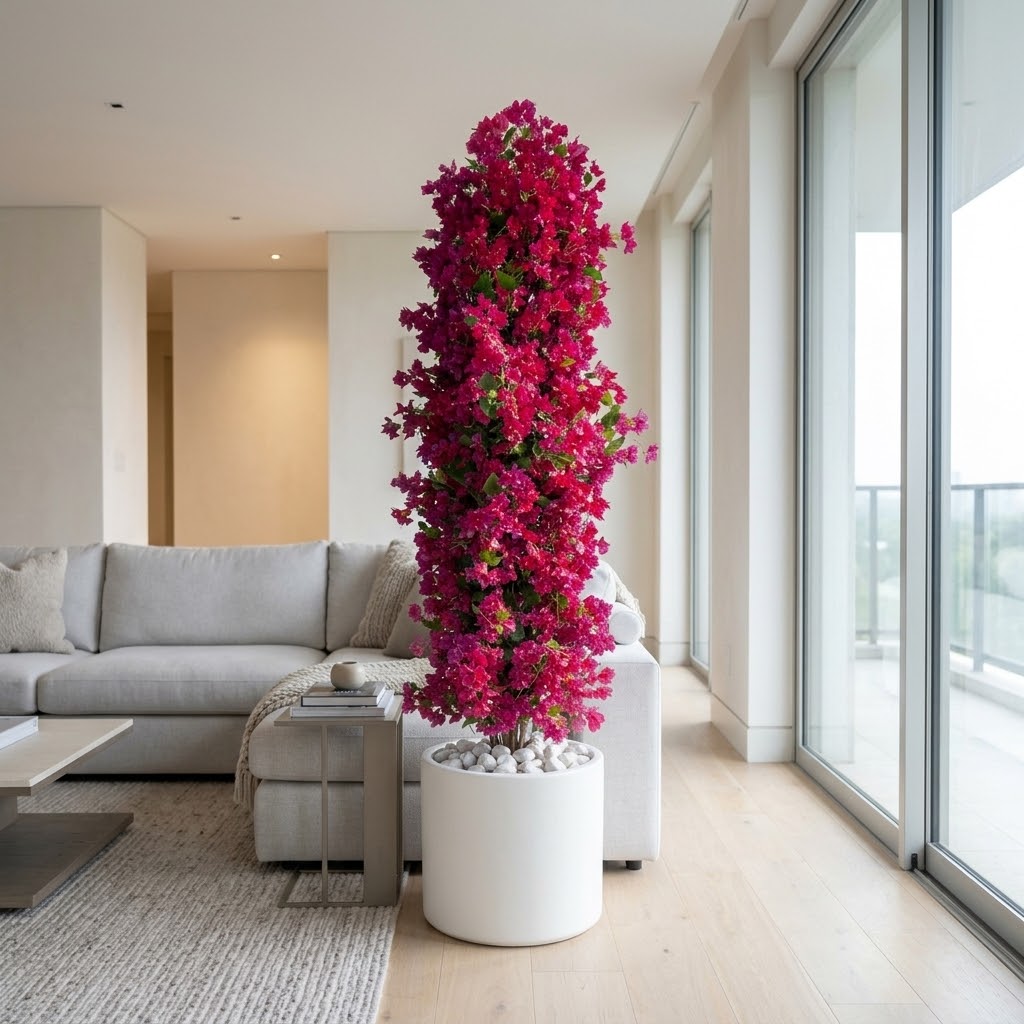 Luxurious 250cm Artificial Pink Flowering Tree in White Pot | Modern Indoor & Balcony Decor