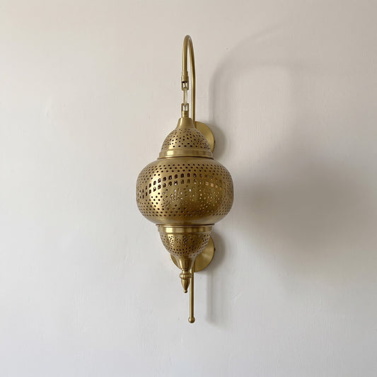 Vintage Moroccan Gold Stainless Steel Wall Light – Perforated Shadow Lantern Sconce