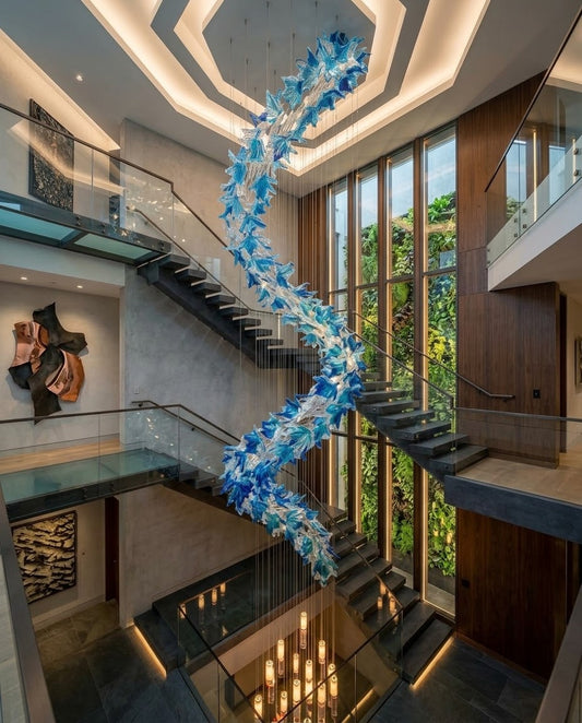 Contemporary 5M Blue & Clear Glass Snake Chandelier | Custom High-Ceiling Staircase Lighting