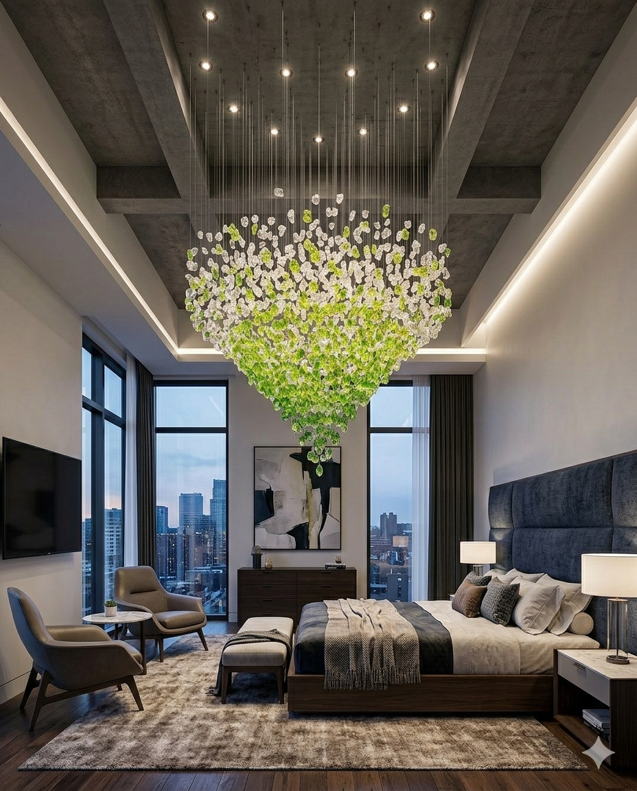 Custom Contemporary Round Chandelier (1.2m x 1.5m) - Soft Green & White Statement Light