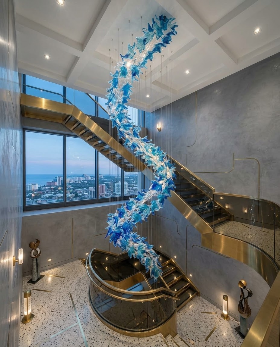 Contemporary 5M Blue & Clear Glass Snake Chandelier | Custom High-Ceiling Staircase Lighting