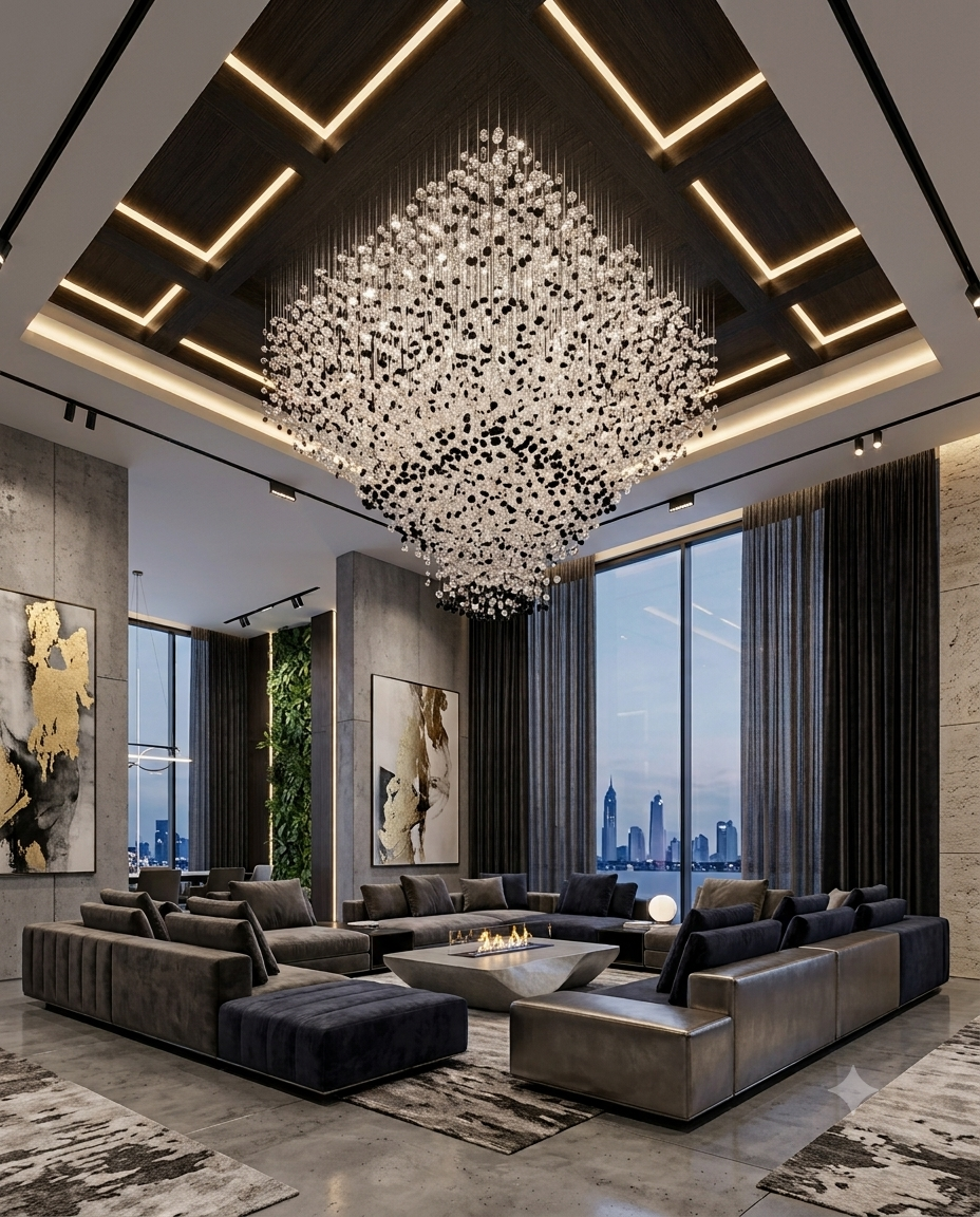 Modern Inverted Pyramid Crystal Chandelier | Black & Clear Stone | Custom Luxury Lighting
