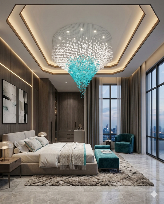 Luxury White & Teal Blue Crystal Chandelier – Custom Oval Drop Hanging Light