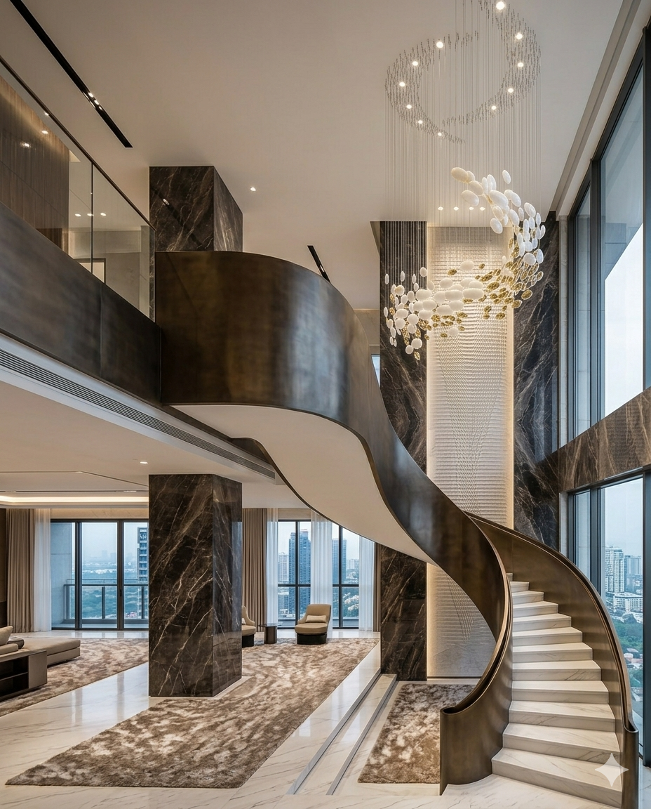 3M Spiral White & Gold Glass Staircase Chandelier β Custom Luxury Double Height Pendant Light for Modern Foyers & Staircases
