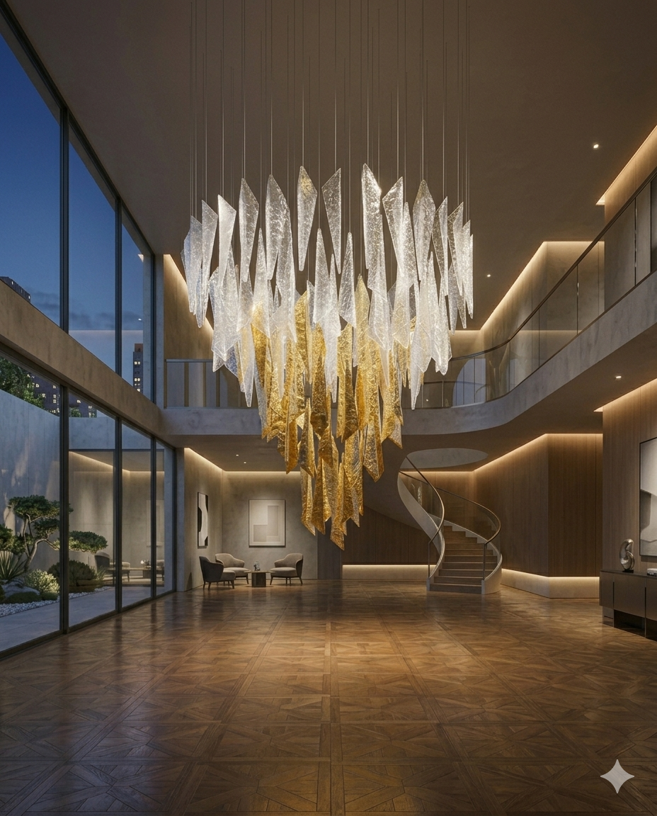 Modern 1M Round Ice Shard Glass Chandelier - Luxury Orange & Clear Custom Chandelier