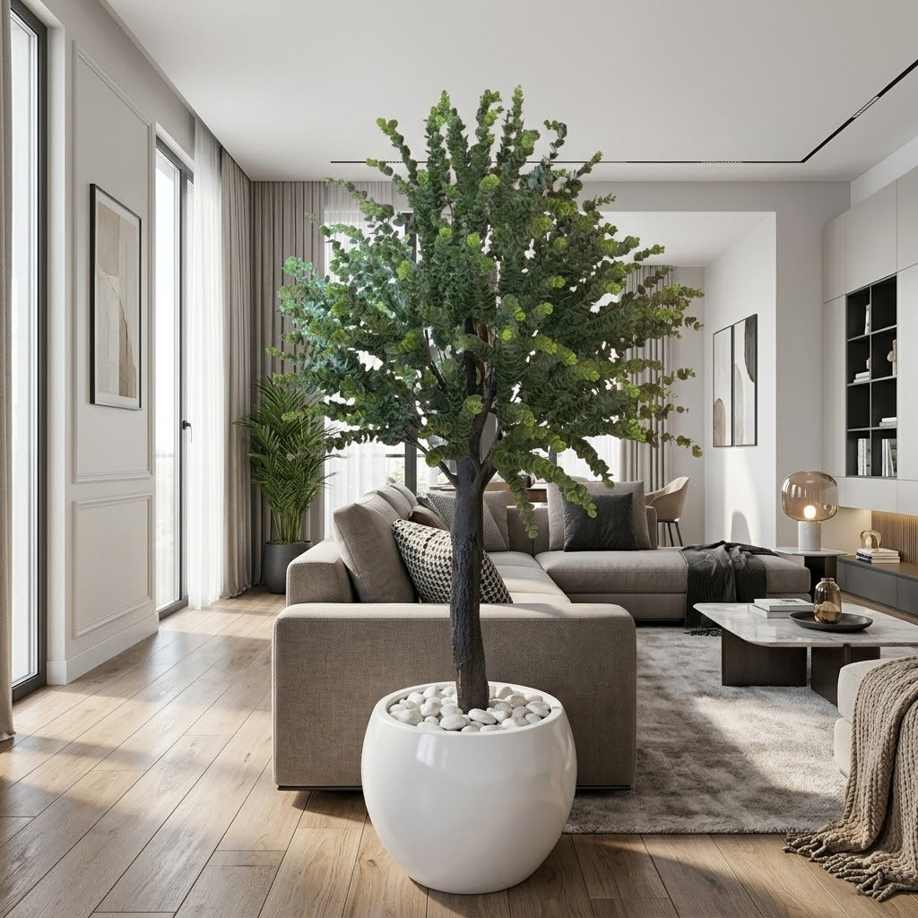 Realistic Artificial Plant in White Ceramic Pot with Pebbles – Modern Decor for Home & Office