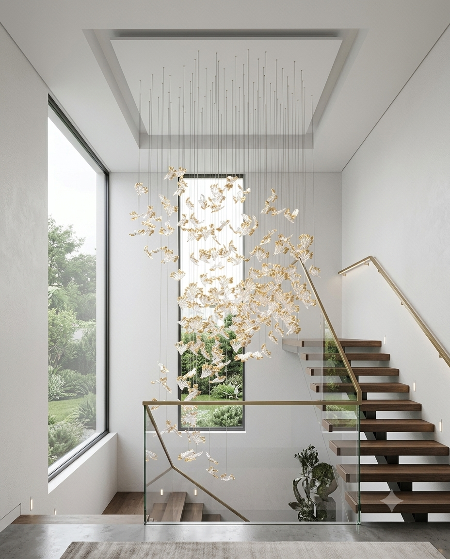 Modern Custom Glass Leaf Staircase Chandelier – 3M Luxury LED Hanging Light for Double-Height Ceilings (80cm Round Ceiling Plate)