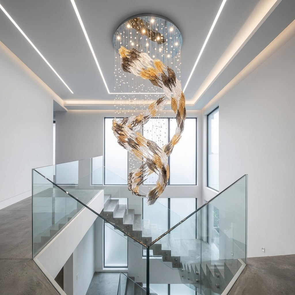 Celestial Whirlwind Custom Glass Chandelier – 80cm Tri-Color Ice Leaf & Crystal Rain Drop Feature Lighting