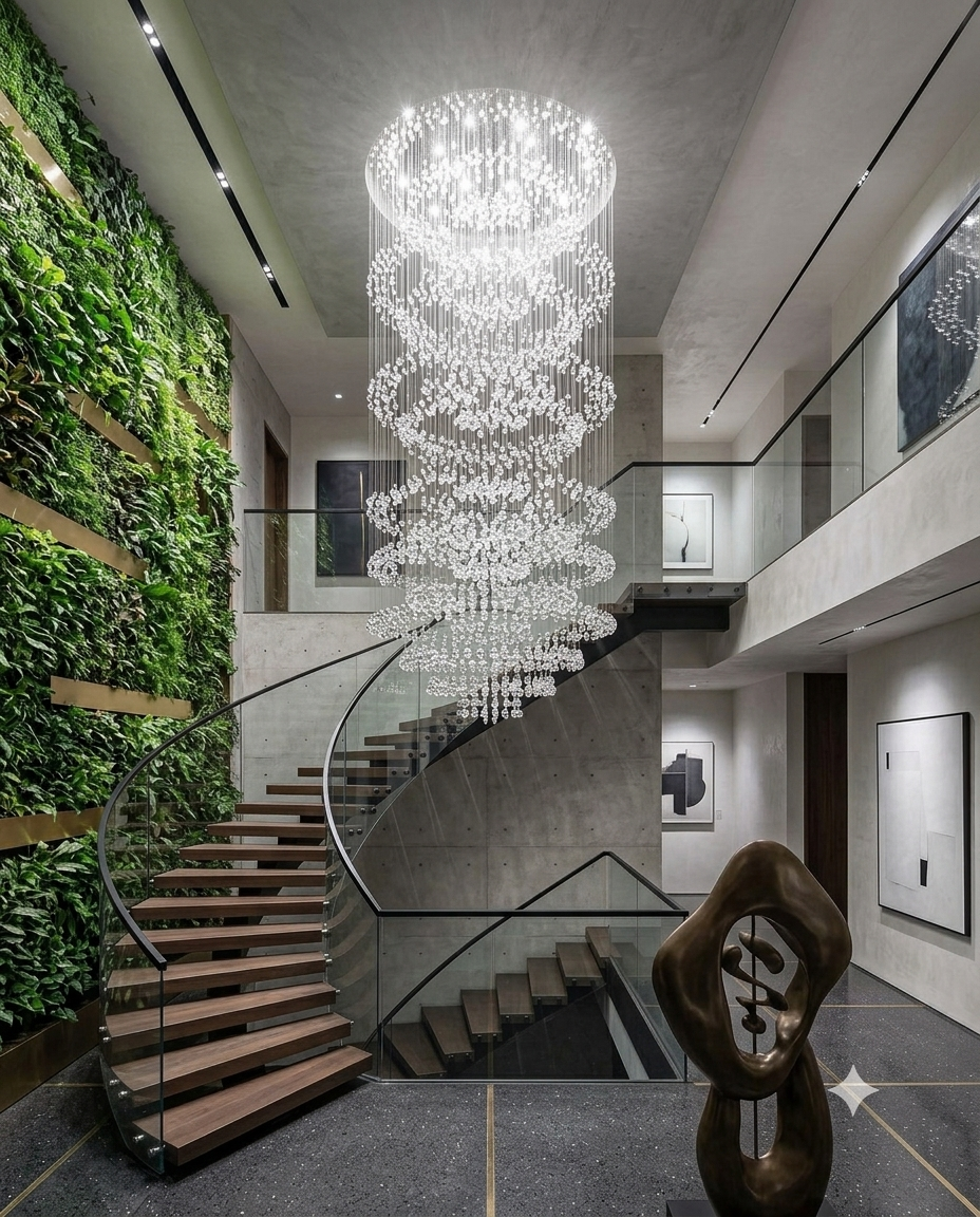 Modern White Stone Ring Chandelier – 3M Tall Flush Mount Light for Double-Height Ceilings (80cm Base)
