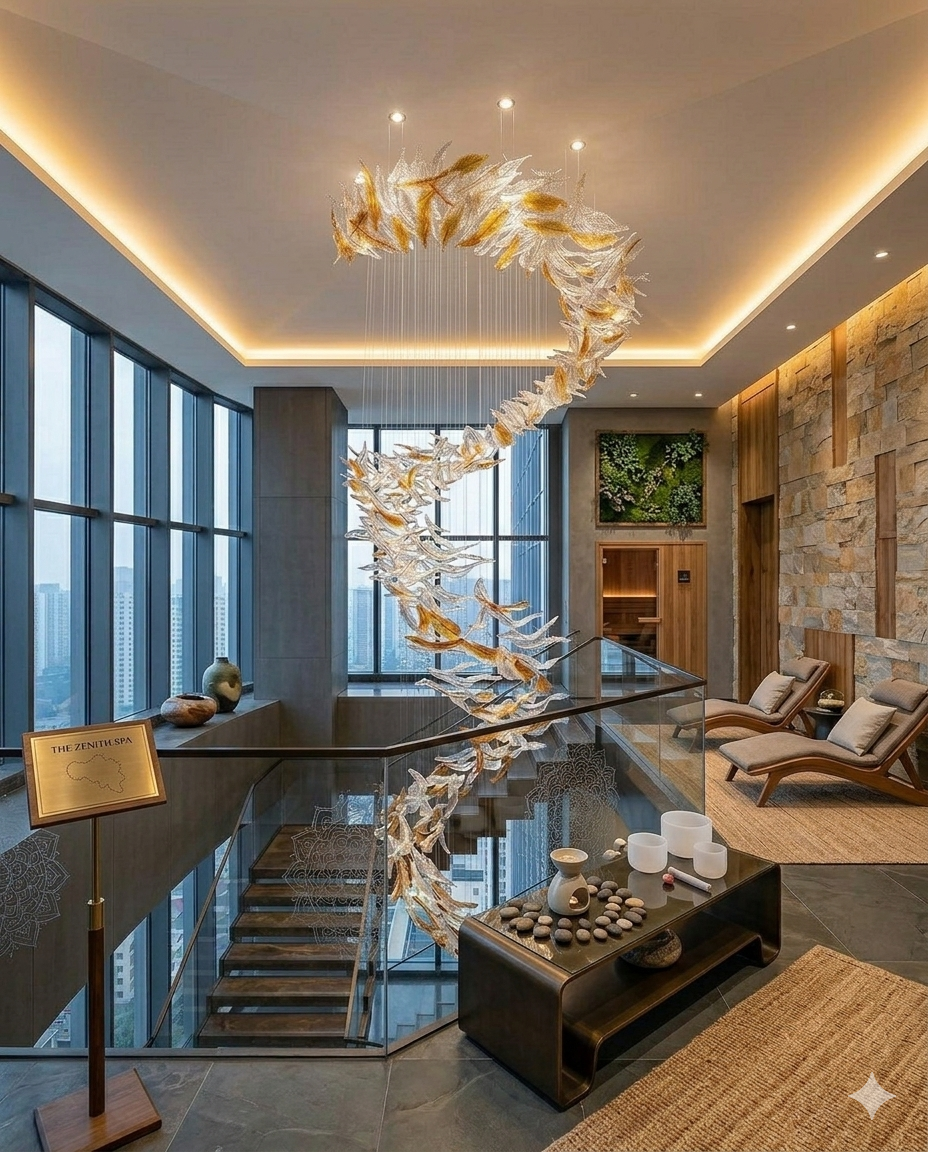 Custom High-Ceiling Design: Orange & White Glass Masterpiece