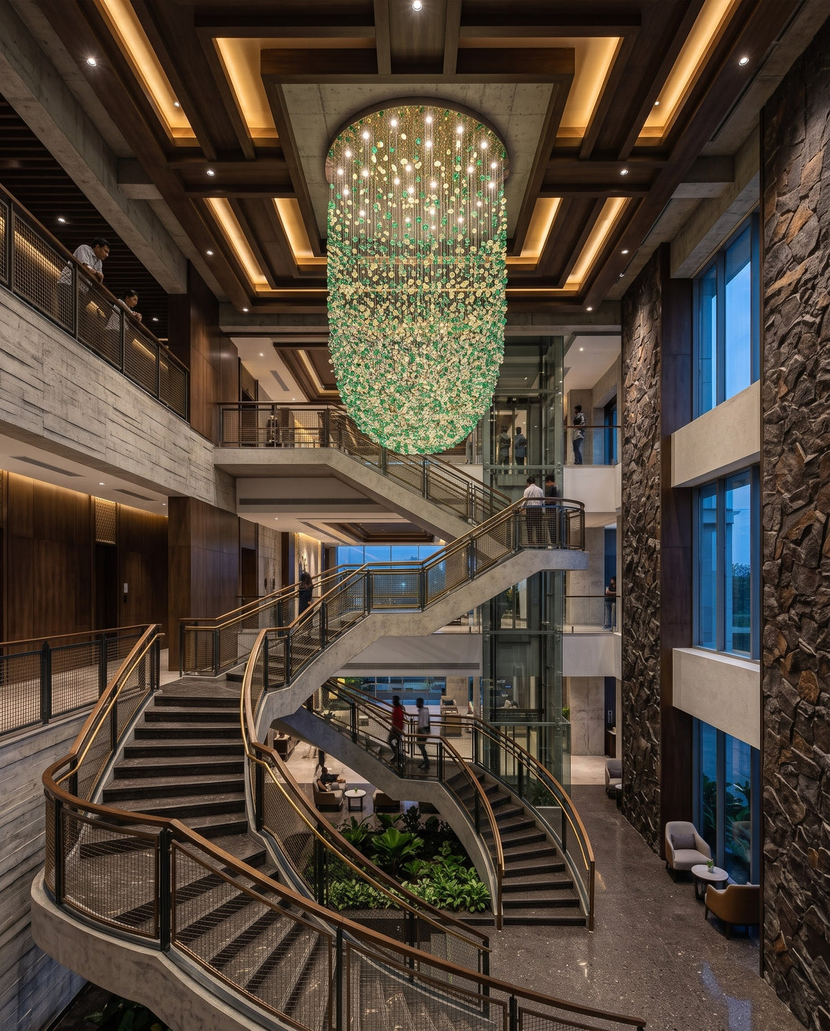 Contemporary Green & White Round U-Shaped Cascading Chandelier (100cm Canopy x 250cm Height)