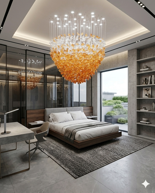 Custom Orange & White Modern Hanging Light for Hallway, Staircase & High Ceiling Interior