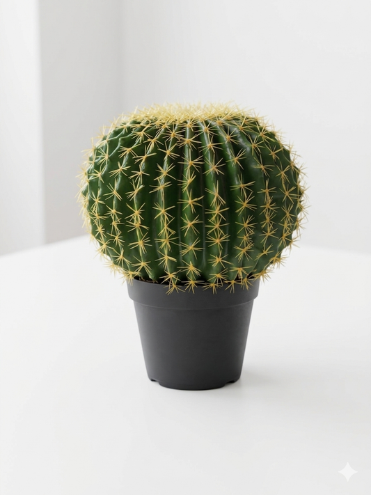 Realistic Artificial Golden Barrel Cactus In Modern Black Pot