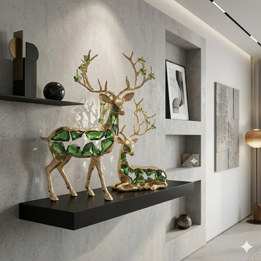 Modern Gold Brass Deer Sculptures with Emerald Green Glass Crystals – Set of 2