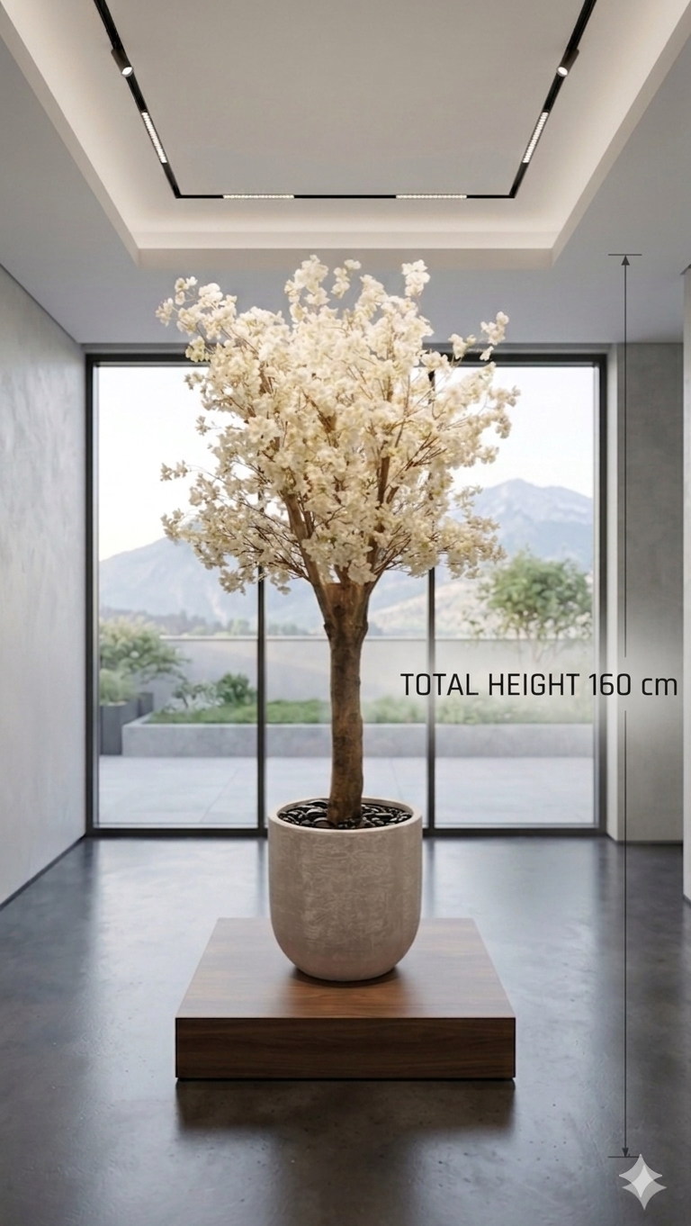 Modern Artificial White Blossom Faux Tree in Textured Planter and Wood Base (160 cm Tall)