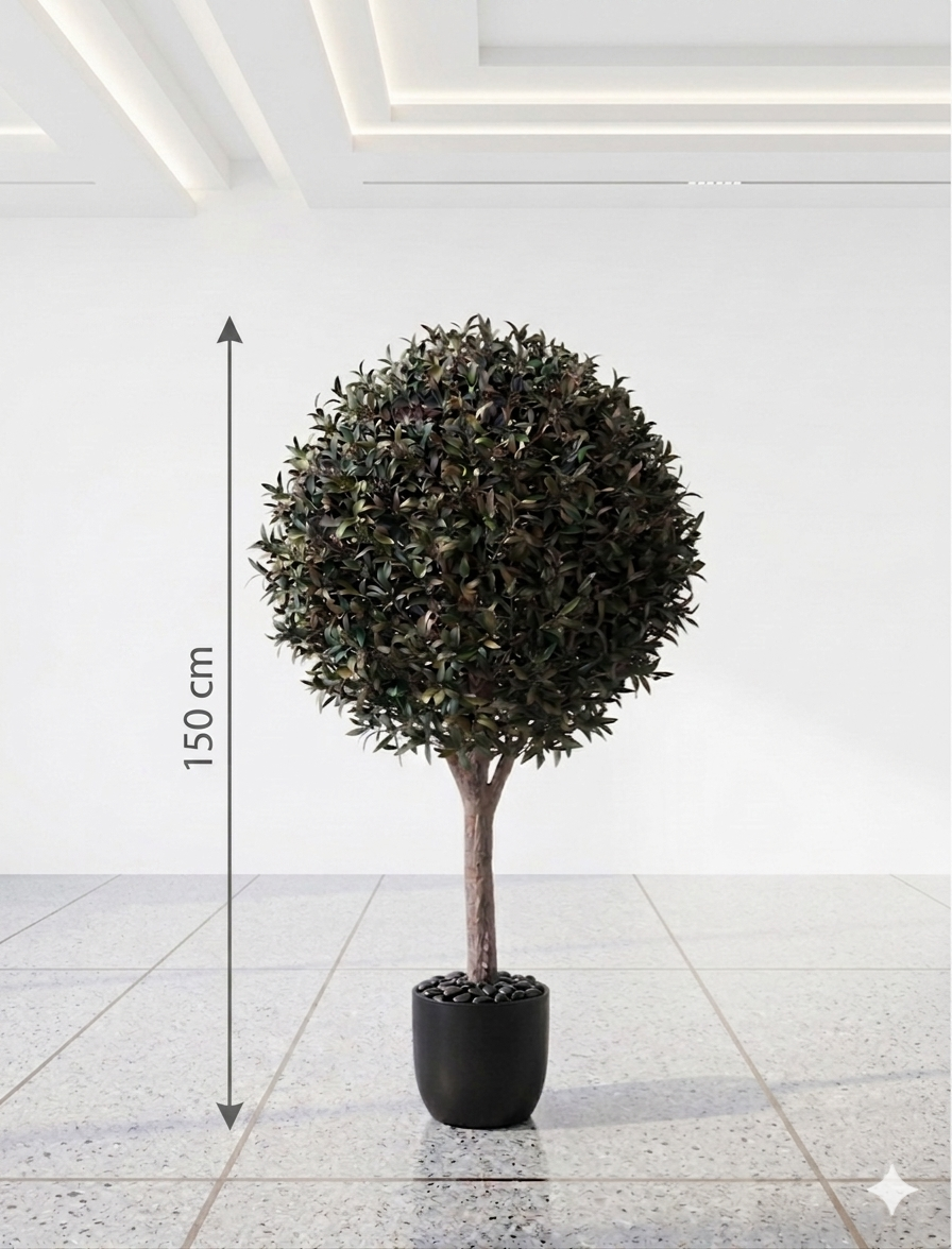 Large Artificial Spherical Olive Topiary Tree with Real Wood Trunk and Faux Fruit