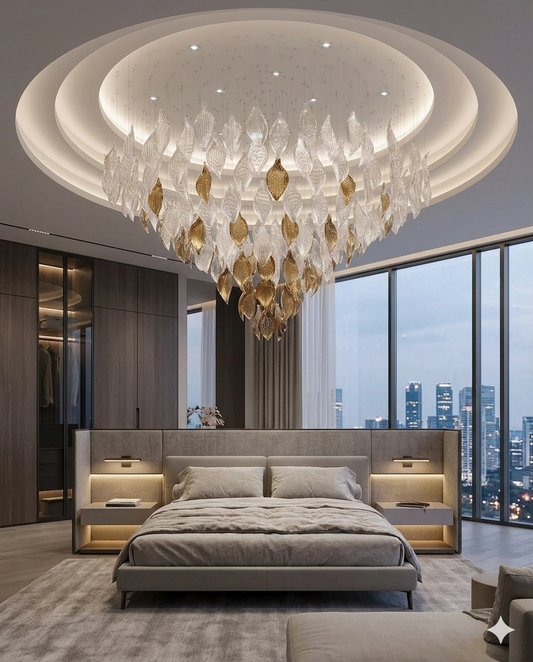 Luxury White & Gold Glass Leaf Chandelier – Custom Round Ceiling Light for Modern Villas & Luxury Bedrooms