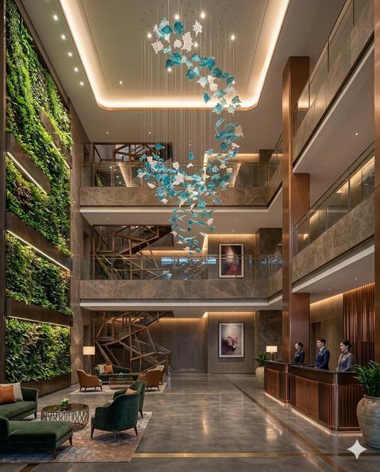 Luxury Blue & White Glass Staircase Chandelier – Custom Double Height Hanging Light for Modern Villas & Hotel Lobby