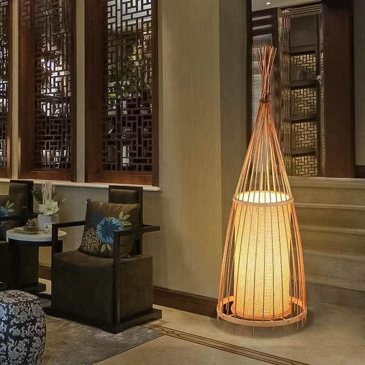 Handcrafted Bamboo Tapered Floor Lamp – Warm Ambient Light for Bedroom & Living Room Decor