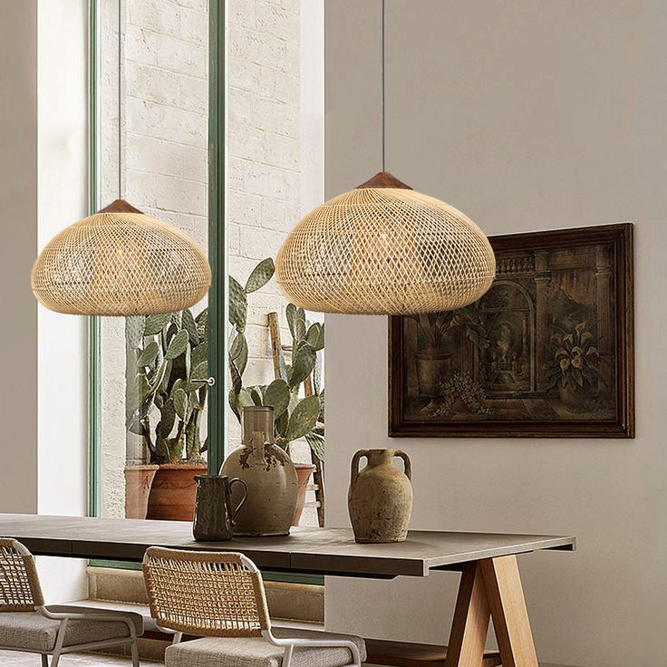 Handwoven Rattan Chandelier Pendant Light β Rustic Boho Hanging Lamp for Dining & Kitchen
