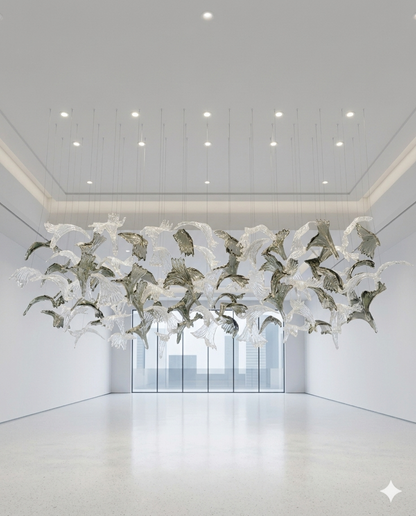Custom Floating Glass Leaf & Bird Chandelier – 100cm x 40cm