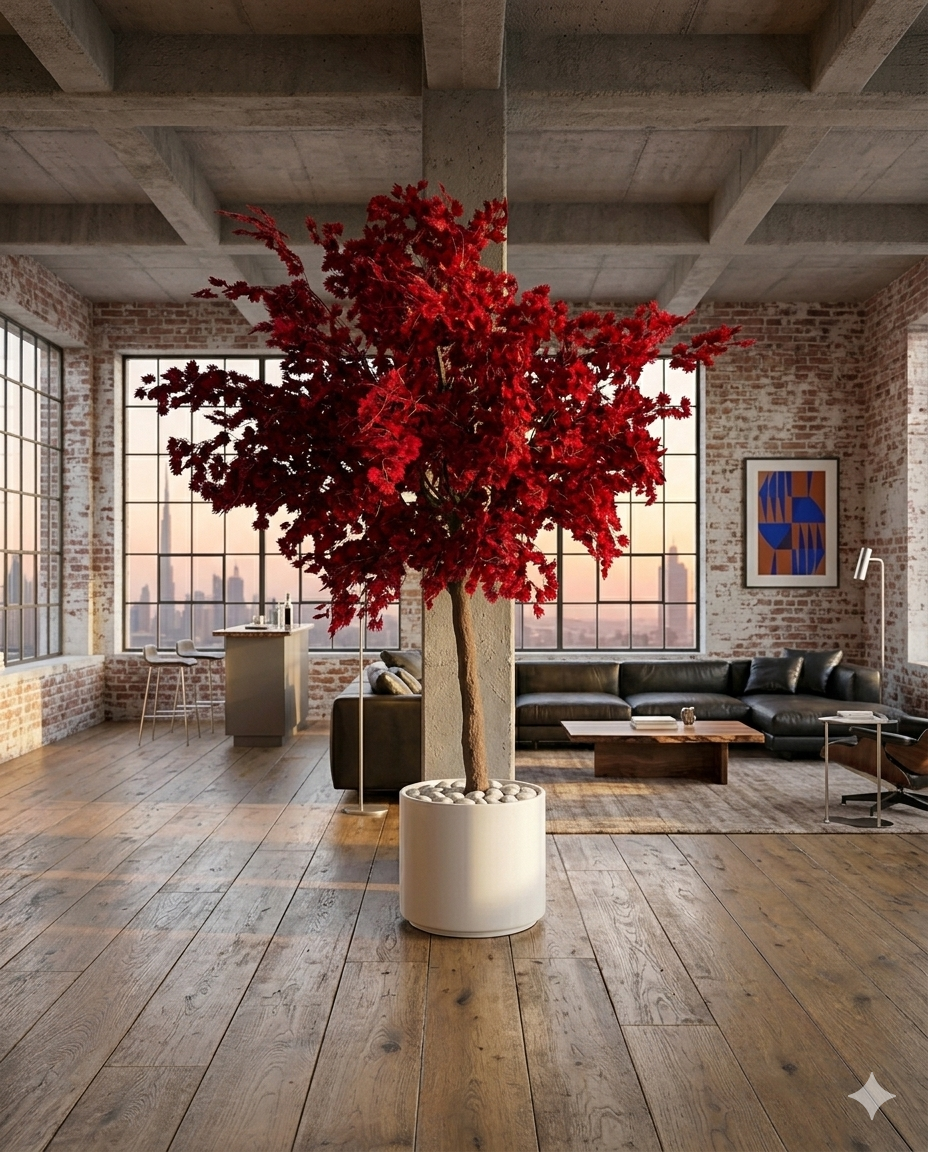Artificial Red Tree in Minimalist White Ceramic Vessel