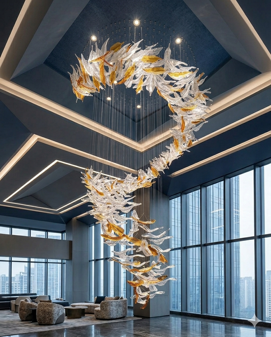 Custom High-Ceiling Design: Orange & White Glass Masterpiece
