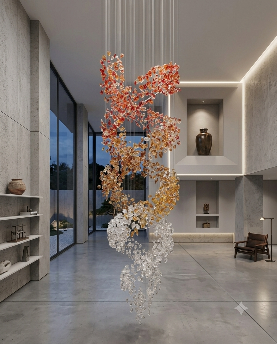 Custom 5M Spiral Ring Staircase Chandelier – Red, Orange & White Crystal Stone Luxury Pendant Light for High Ceilings