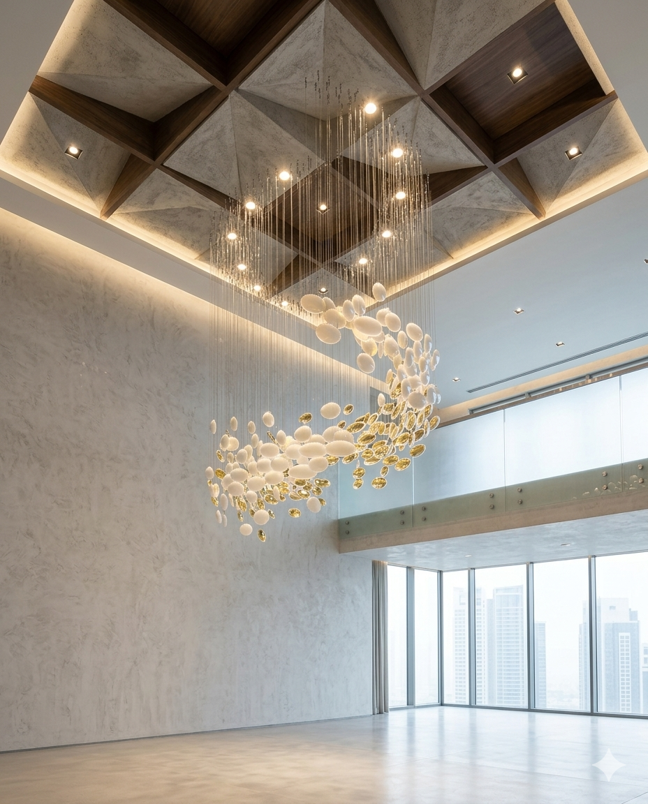 3M Spiral White & Gold Glass Staircase Chandelier – Custom Luxury Double Height Pendant Light for Modern Foyers & Staircases