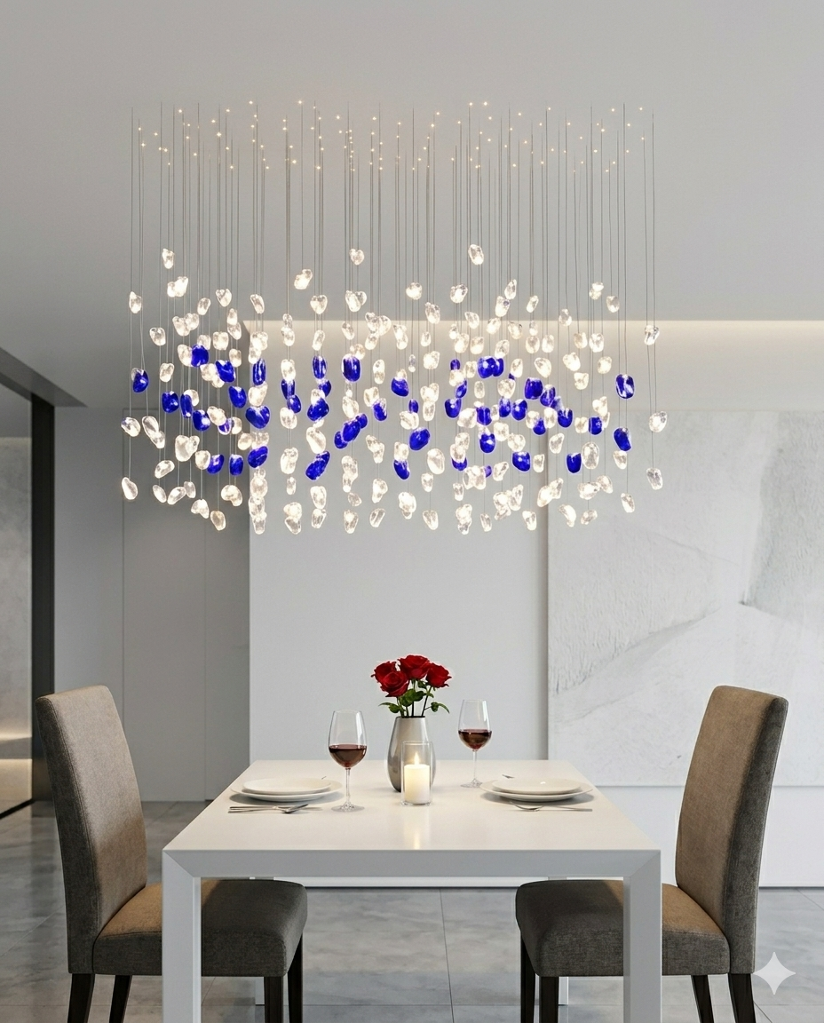 Custom 1M Blue and White Stone Chandelier – Modern Luxury Ceiling Pendant Light
