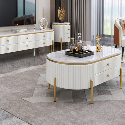 Modern Marble Top Coffee Table with Storage Drawer – Luxury Oval Living Room Center Table