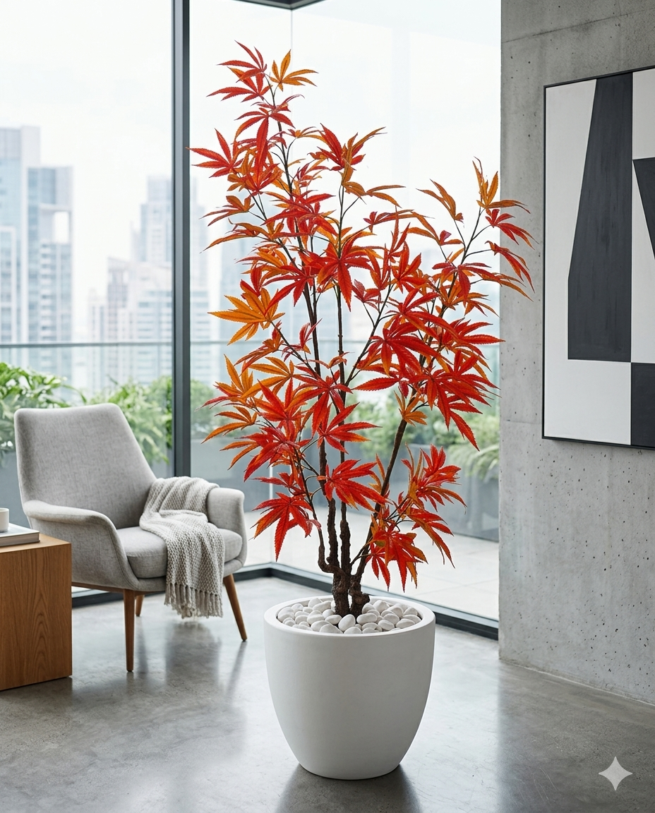Artificial Orange Maple Tree with White Marble Pot – Modern Decorative Indoor Plant