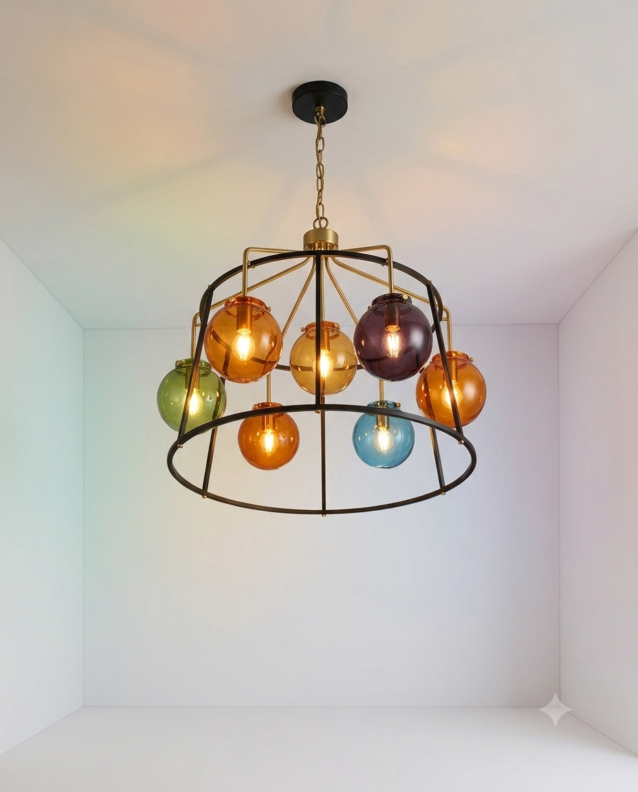 Modern Multicolor Glass Globe Chandelier – Pendant Light with E27 Blown Glass Balls (7-Light & 16-Light Options)