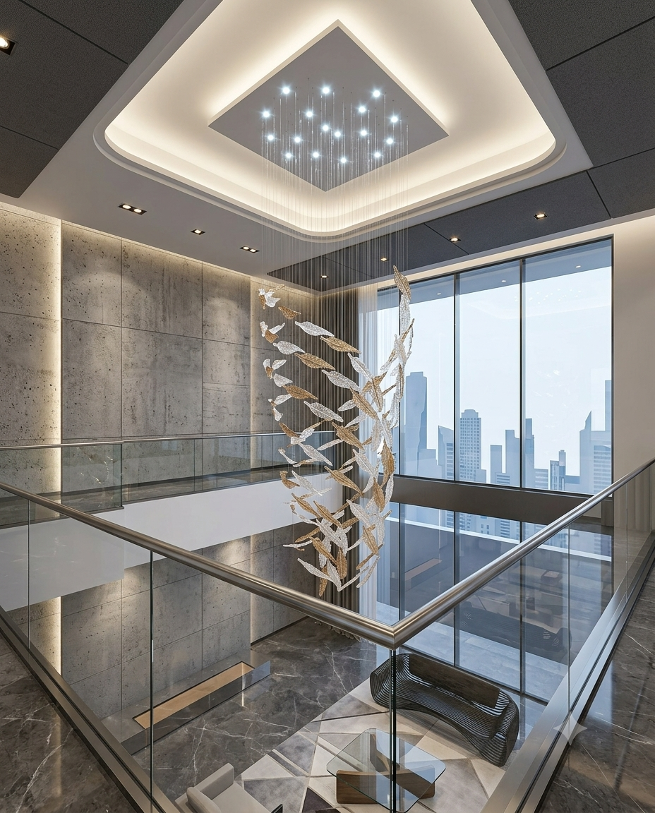 Custom 3M Double-Height Leaf Ring Chandelier | Amber & White