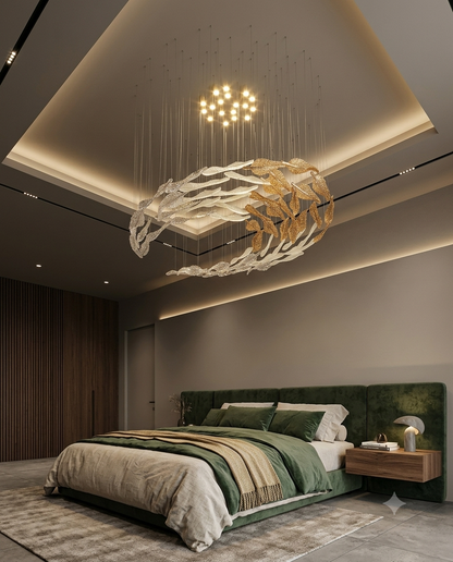Custom 2-Meter Glass Leaf Chandelier | Modern C-Shape Tapered Luxury Lighting for Grand Halls