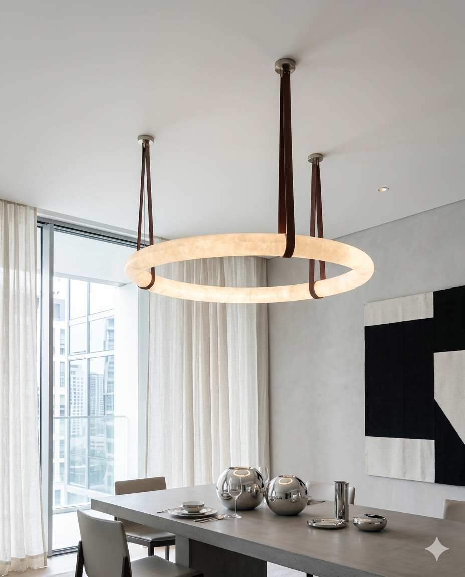 Luxury Marble Ring Chandelier with Leather Straps – Modern LED Round Pendant Light for Living Room & Dining Room