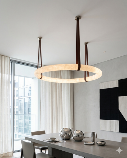 Luxury Marble Ring Chandelier with Leather Straps – Modern LED Round Pendant Light for Living Room & Dining Room