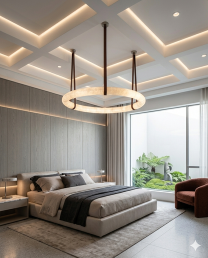 Luxury Marble Ring Chandelier with Leather Straps – Modern LED Round Pendant Light for Living Room & Dining Room